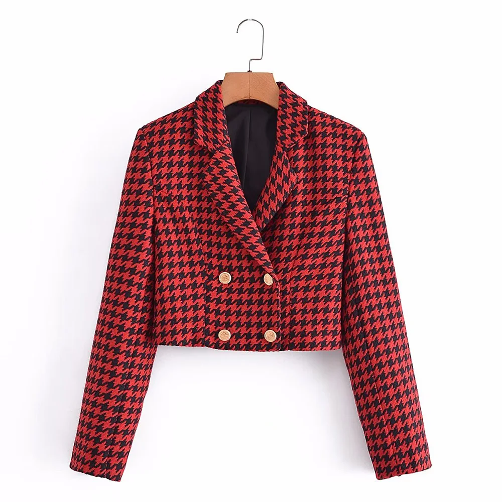 

DiYiG Women's 2022 New Fashion Blazer Double Breasted Red Plaid Slim Short Jacket Coats Casual Office Lady Streetwear Outfit