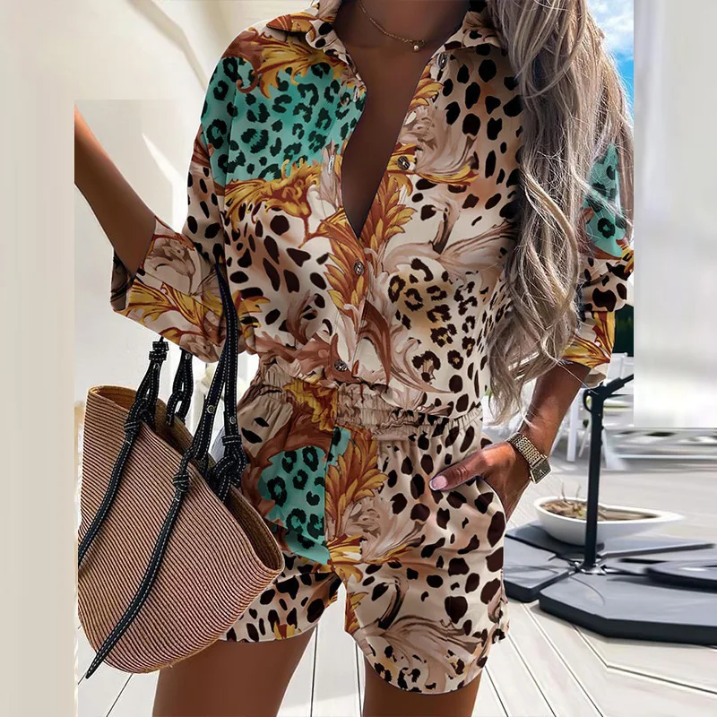 

2022 Women Leopard Print Two Piece Set Turn Down Collar Shirt Short Pants Casual Long Sleeve Summer Autumn