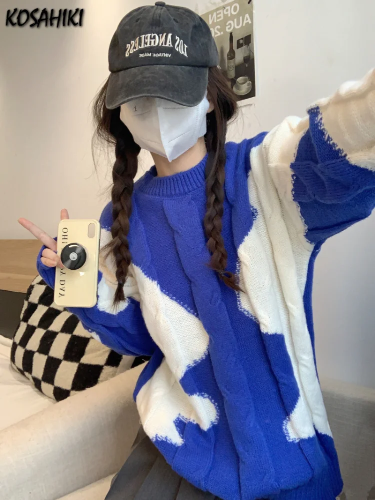 

Женский трикотажный свитер Vintaege, контрастный свободный джемпер в японском стиле, Осень-зима 2023