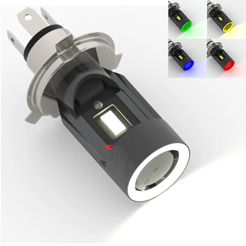 1x Plug&play LED H4 Car Headlight five color halo ring Hi-low HS1 P43T Motorcycle Auto Scooter lamp Angel Eye White 6000K 12/24V