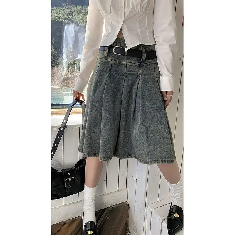 

Женская джинсовая юбка средней длины, голубая винтажная юбка в американском уличном стиле с высокой талией, Y2k, осень 2023