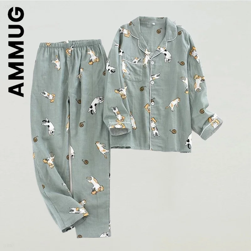 

Ammug Pajamas Summer Women Cotton Cartoon Cat Printed 2Pcs Turn-down Neck Shirt+Pants Pyjamas Soft Clothes Female Underwear