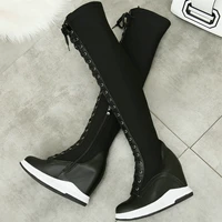 thigh high fashion sneakers women lace up cow leather wedges high heel pumps female stretchy over the knee high motorcycle boots