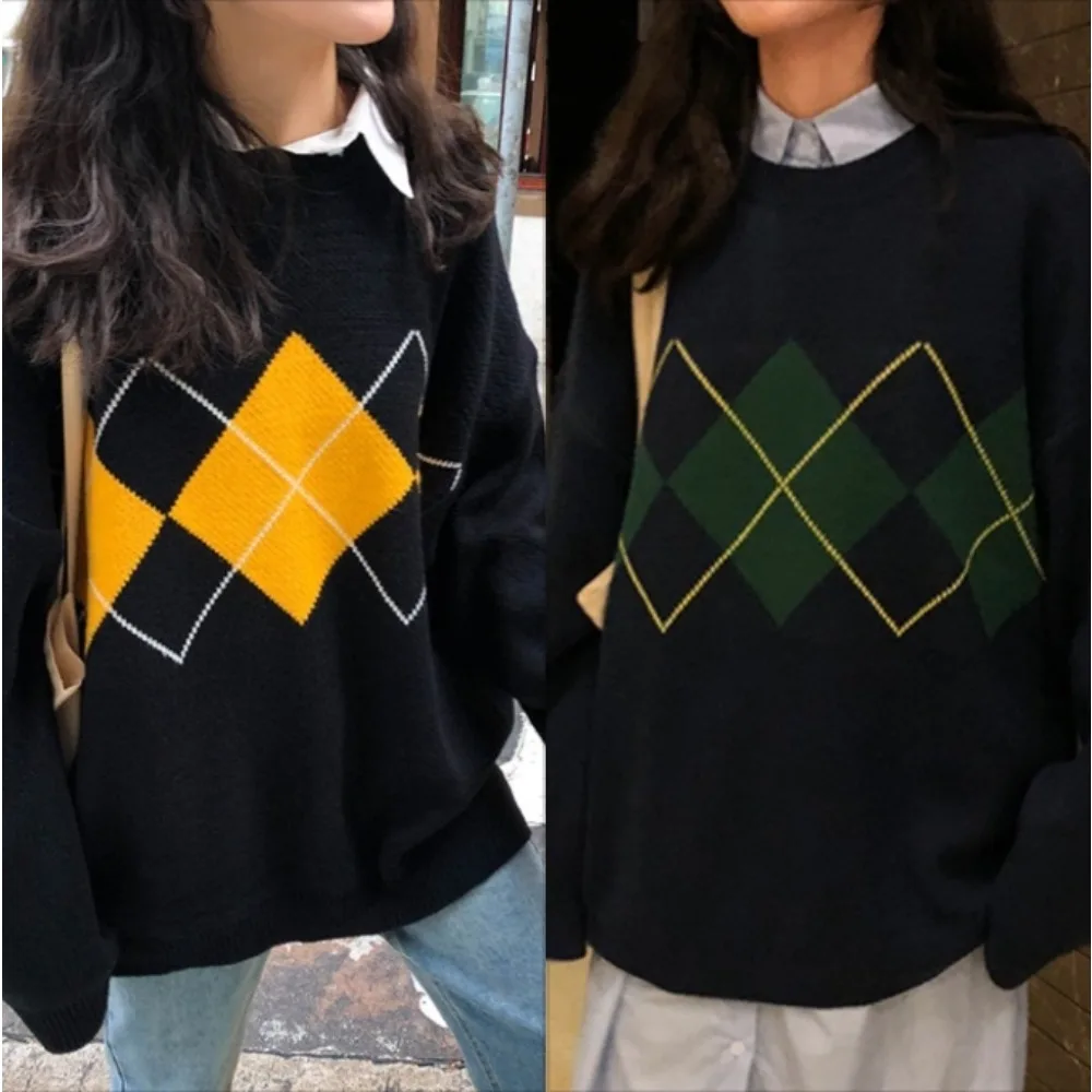 Zuoan корейский новый клетчатый свободный свитер женский осенний с круглым вырезом