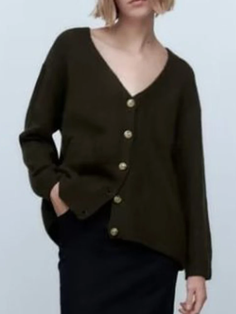 

Осенние женские вязаные свитеры Kumsvag 2022 кардиганы, модные однотонные свободные женские элегантные уличные свитеры с V-образным вырезом и пу...