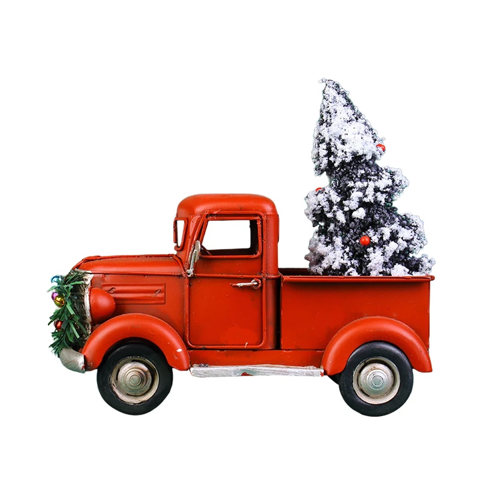 

Truck Red Vintage Christmas Decor Pickup Ornament Metal Car Figurines Decoration Mini Treeironwith Classic Farmhouse Statue
