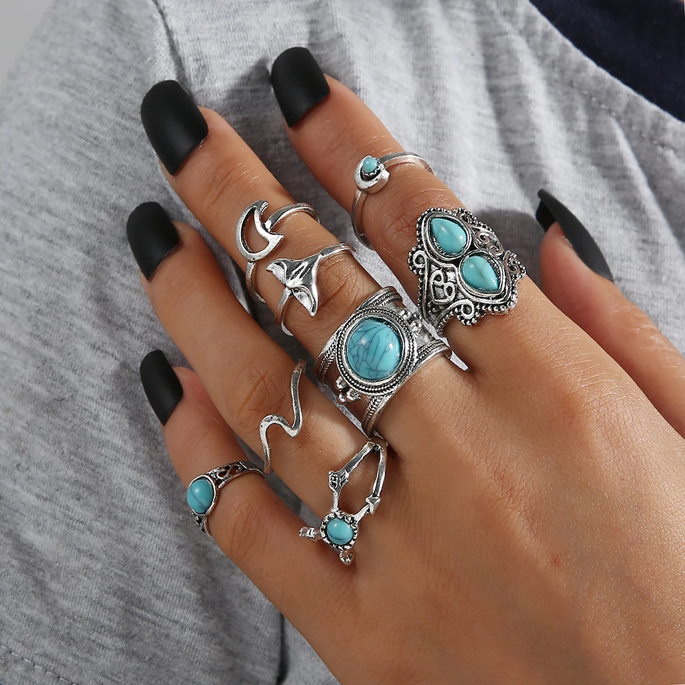 

8 Pcs Silver Color Rings Set Star Flower Moon Crown Stone Punk Ring Carved Knuckle Anillos Anel Rings Women Jewelry Gift 2020