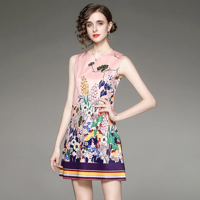 

High-Quality Runway Summer Women's Causal Sleeveless All-Match Elegant Printed Vest Dress Vestidos