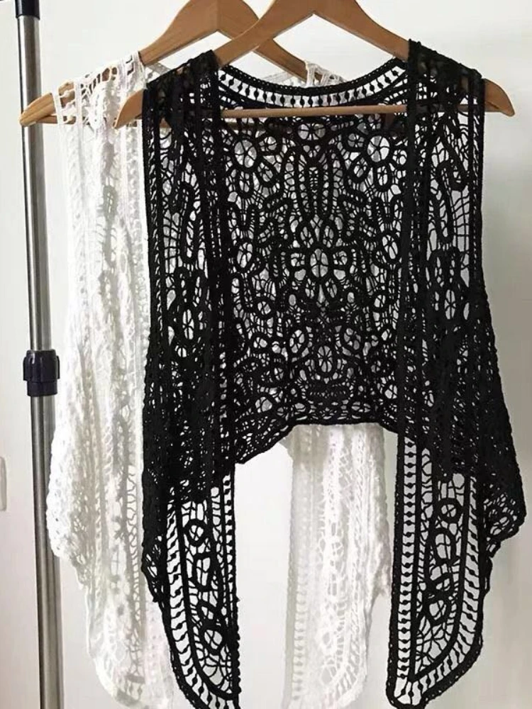 

Asymmetric Open Stitch Cardigan Summer Beach Boho Hippie People Style Crochet Knit Embroidery Blouse sleeveless Vest 2022