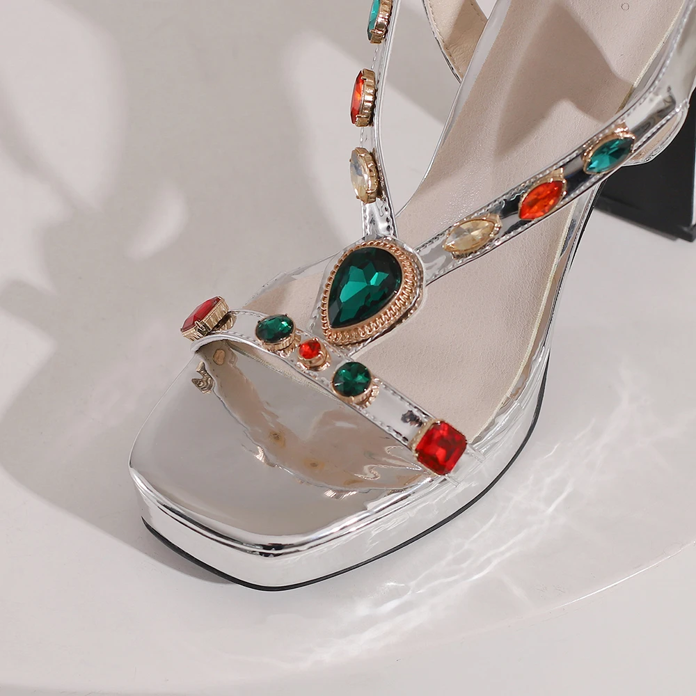 High-heeled Platform Sandals Women New Fashion Colorful Gems Heels 2023 Summer Silver Square Heel Womens Shoes Sandalias Mujer