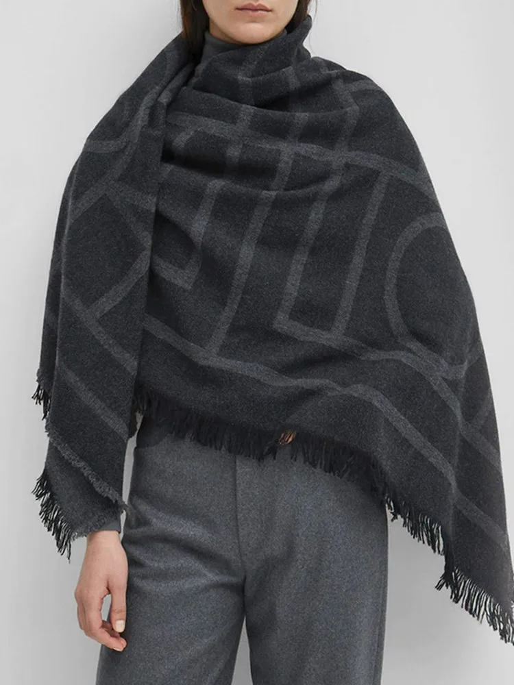 

Women Wool Cashmere Scarf Logo Stripes Pattern Warm Raw Edge Female Square Shawl Winter 2022 3 Colors