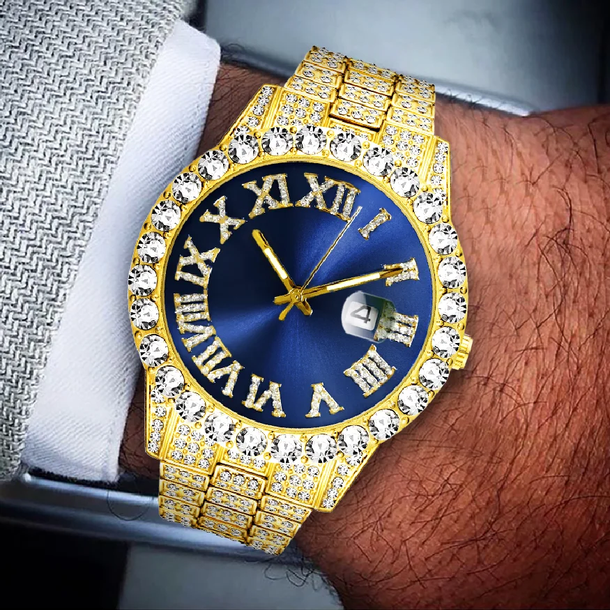 

Мужские водонепроницаемые кварцевые часы с календарем и браслетом из муассанита