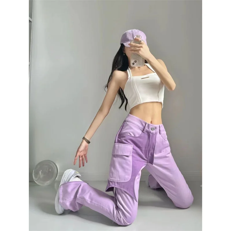 

Женские фиолетовые брюки, свободные джинсы, Длинные Поддельные женские джинсовые Стрейчевые повседневные брюки с карманами и высокой тали...