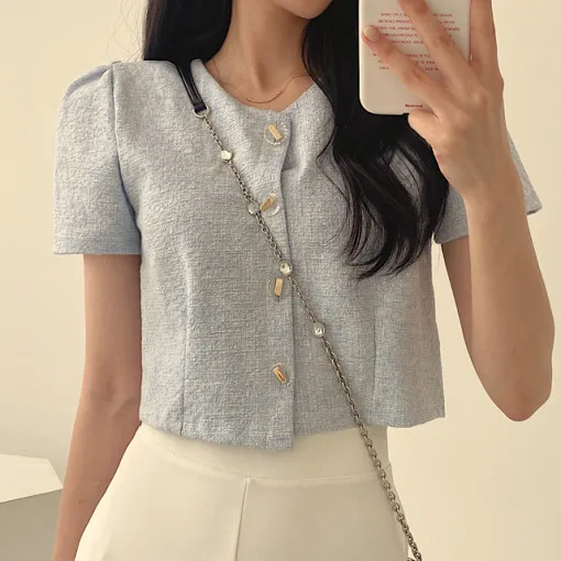 South korea Chic Summer Age-Reducing Retro Design Temperament Casual All-matching round Neck Graceful Short Outerwear