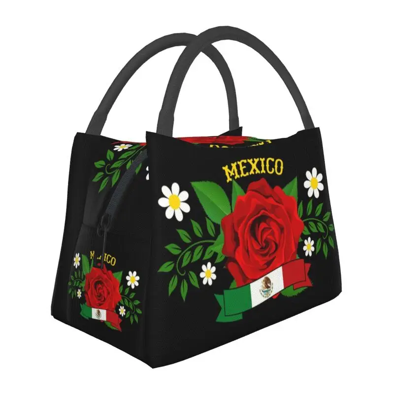 

Mexico Red Rose Insulated Lunch Bags for Camping Travel Floral Pattern Mexican Flag Leakproof Cooler Thermal Lunch Box Women