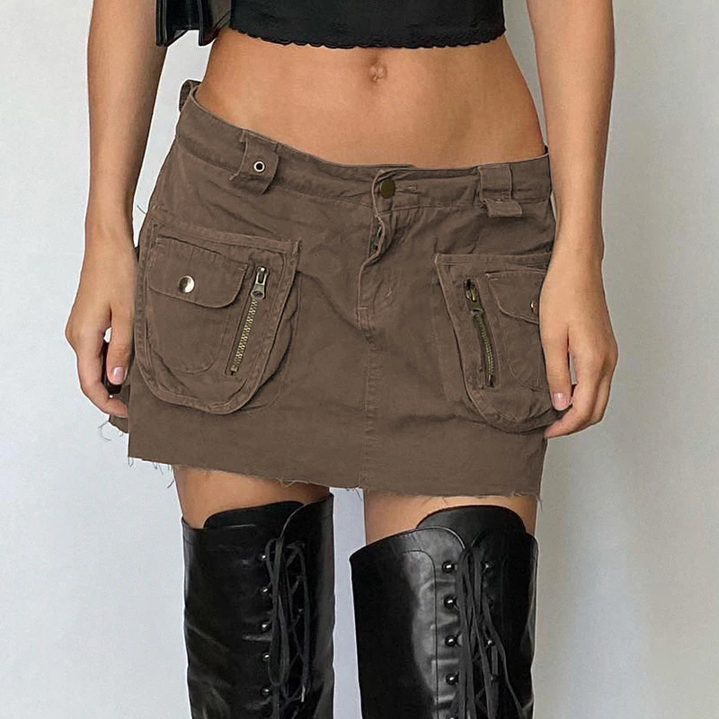 

Y2K в стиле преппи гранж, мини-юбка в стиле ретро, коричневая эстетичная джинсовая юбка-карго с большими карманами в стиле 1920-х, в стиле Харадз...