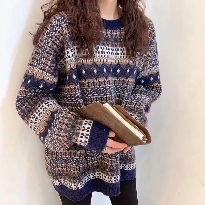 

New Hong Kong Style Retro Sweater Schoolgirl Korean Loose Winter Lazy Wind Plus Size Sweater Tide 2022