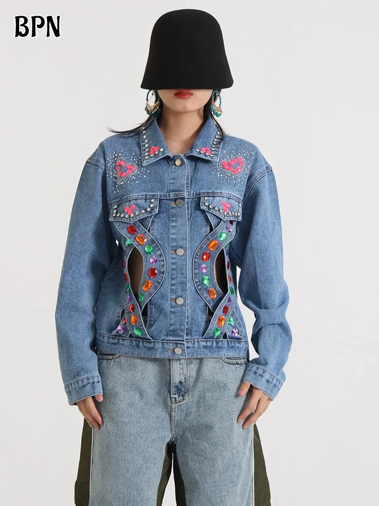 

BPN Casual Hollow Out Denim Jackets For Women Lapel Long Sleeve Spliced Diamond Hit Color Single Breasted Jacket Female Fashion