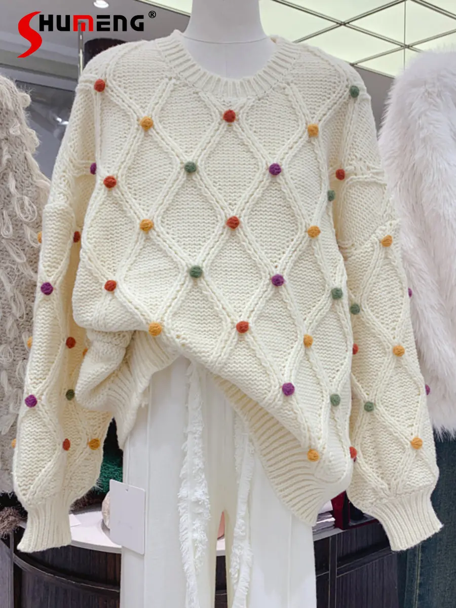 

Осенне-зимний новый трехмерный свободный свитер с круглым вырезом и шариками, женская верхняя одежда с длинным рукавом, трикотажный пулове...