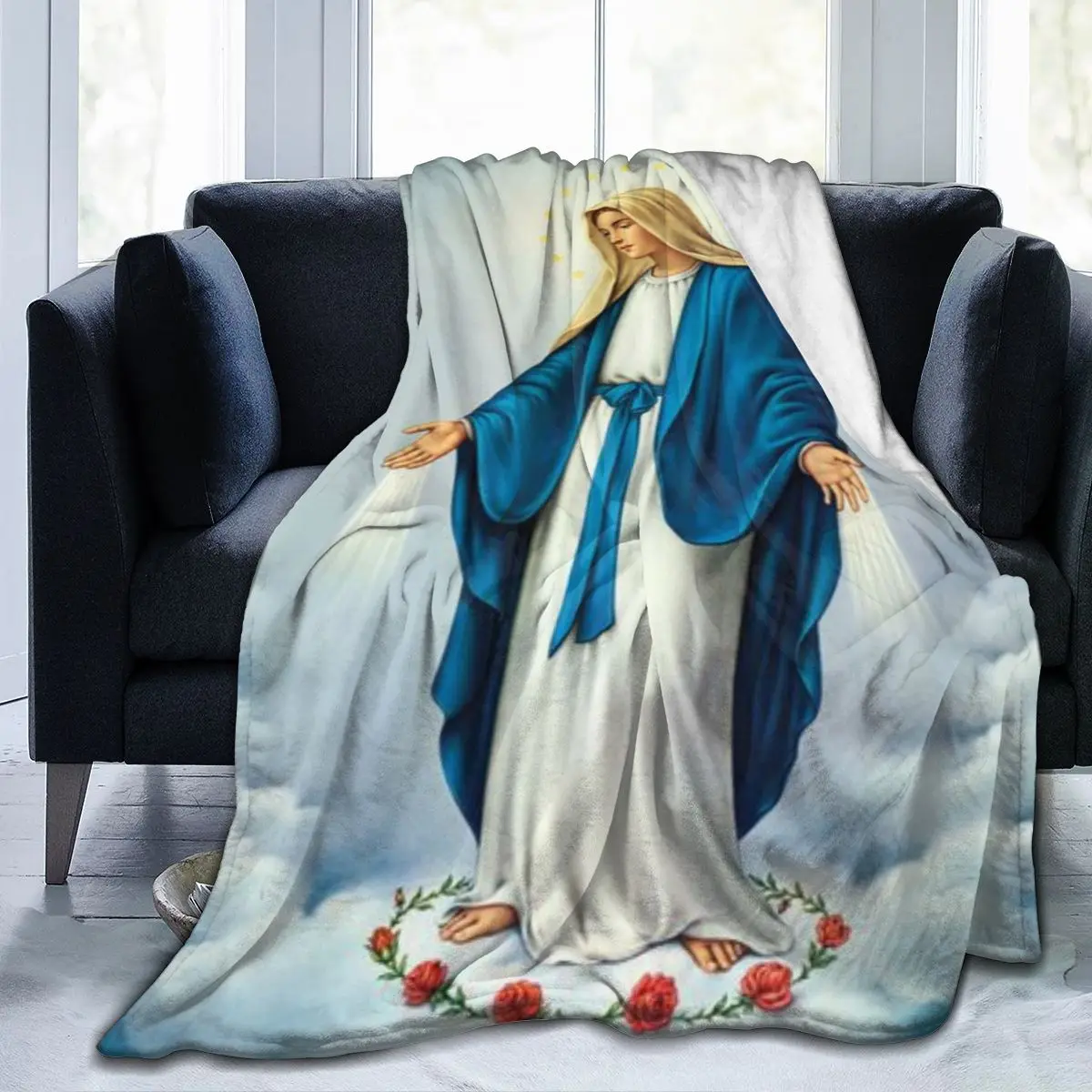 

Virgin Mary Blanket Our Lady of Guadalupe Flannel Blanket Warm Gifts for Mom Cozy Fuzzy Throw Sofa Couch Bedding Living Room