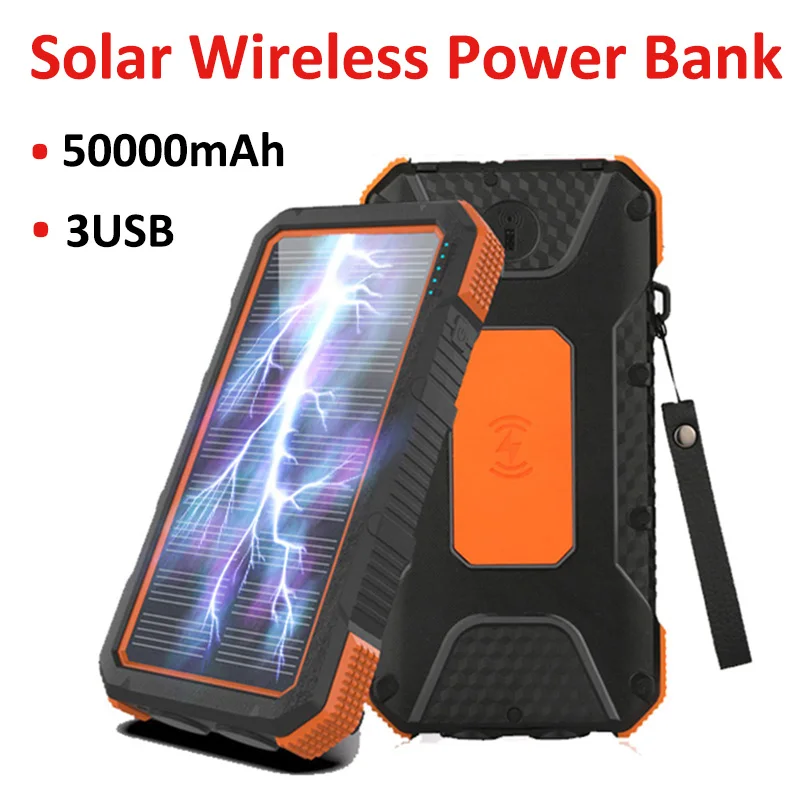 

Solar Wireless Power Bank Portable 50000mAh High Capacity Charger 3USB Fast Charging External Battery Charger for iPhone Xiaomi