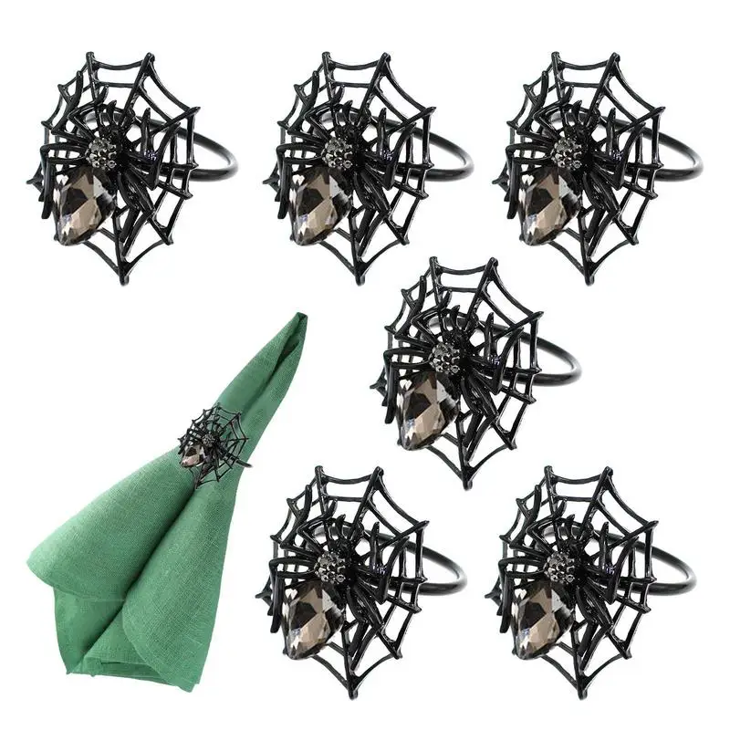 

6pcs Halloween Napkin Rings Holders Decorative Napkin Ornaments Alloy Rhinestone Spider Decor Napkin Holders For Wedding Party