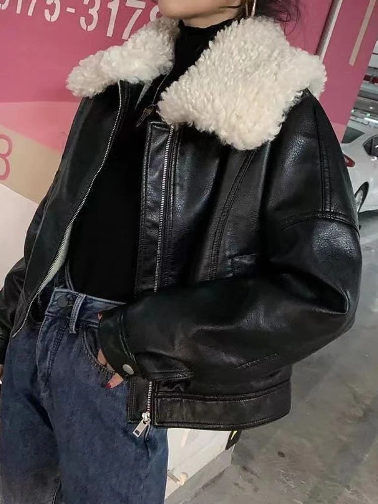 

Женская укороченная куртка из ПУ кожи, с плюшевой подкладкой