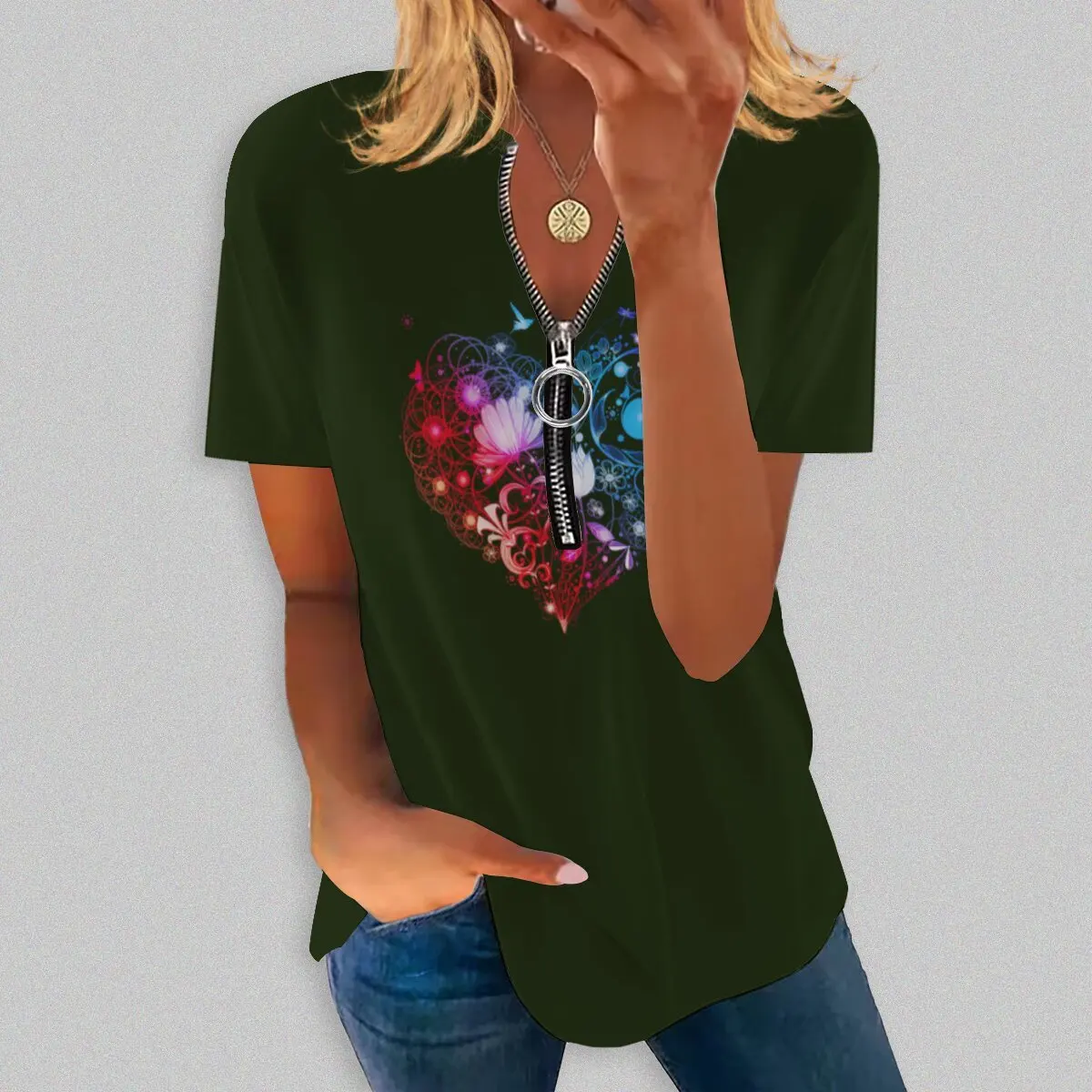 

Летняя новинка, Модный женский топ с круглым вырезом и длинным принтом на молнии, с коротким рукавом, повседневная фотография