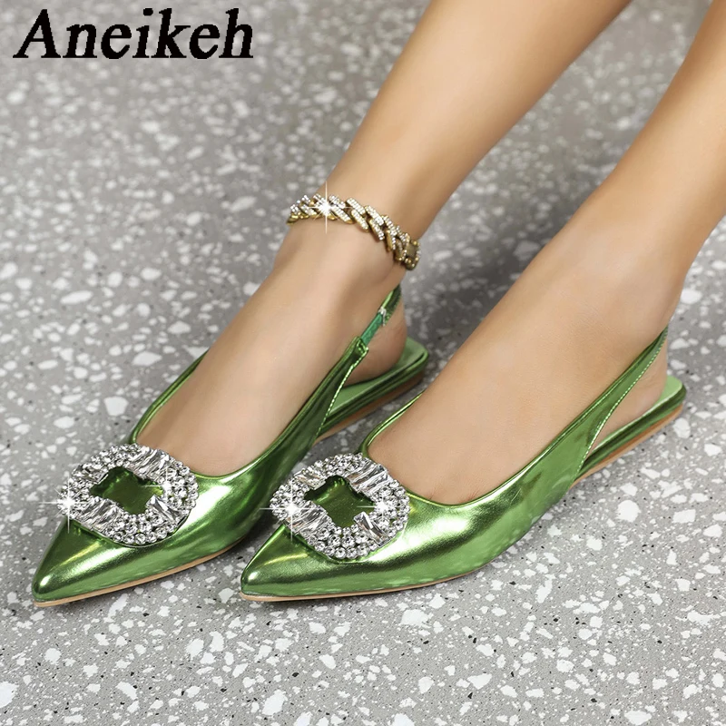 

Aneikeh 2023 Lacquer Leather Open Heel Flat Shoes Women's Spring/Summer Elegant Sexy Pointed Rhinestone Decorative Single Shoe