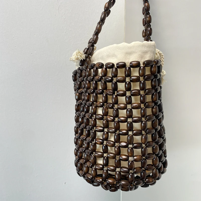 

Women Fashion Bags Wooden Bead Bag Canvas Inner Bag Portable Designer Handbags Messenger Handmade Elegant 2023 Ladies Exquisite