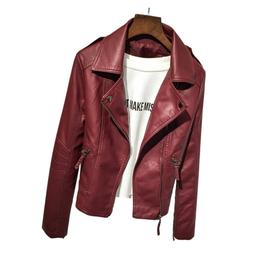 2023 Spring and Autumn ladies washed lapel motorcycle leather coat short coat