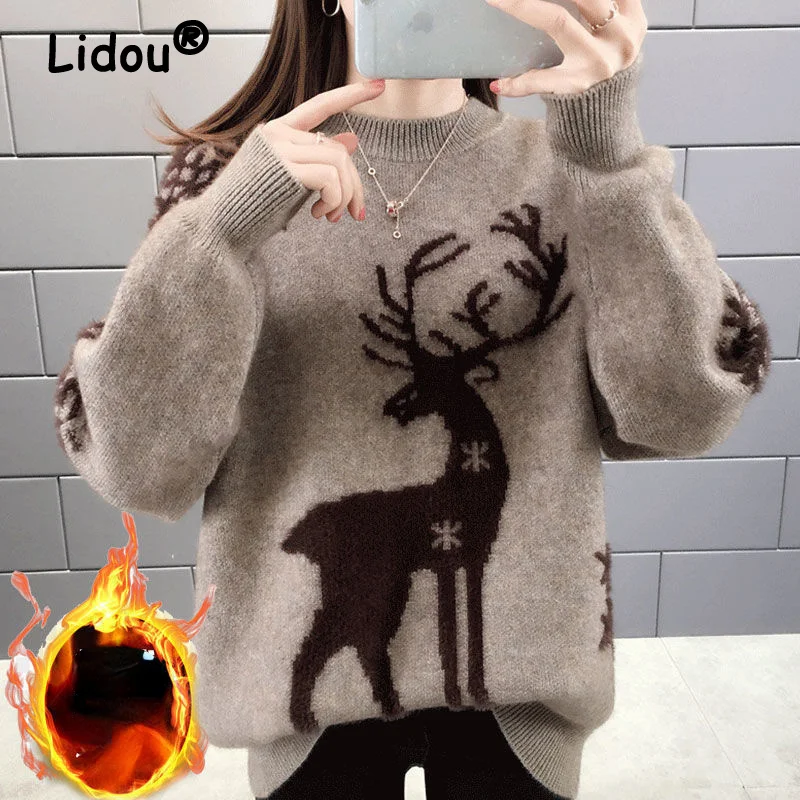 

Christmas New Year Loose Knitted Sweaters For Women Pullover Autumn Winter Warm Casual Knitwear All Match Soft T-shirts Female