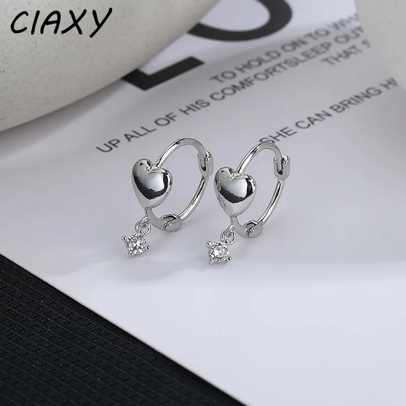 CIAXY Silver Color Peach Heart-shaped Ear Cuff Small Ear Buckle Inlaid Zircon Love Short Drop Earrings Female French Jewelry