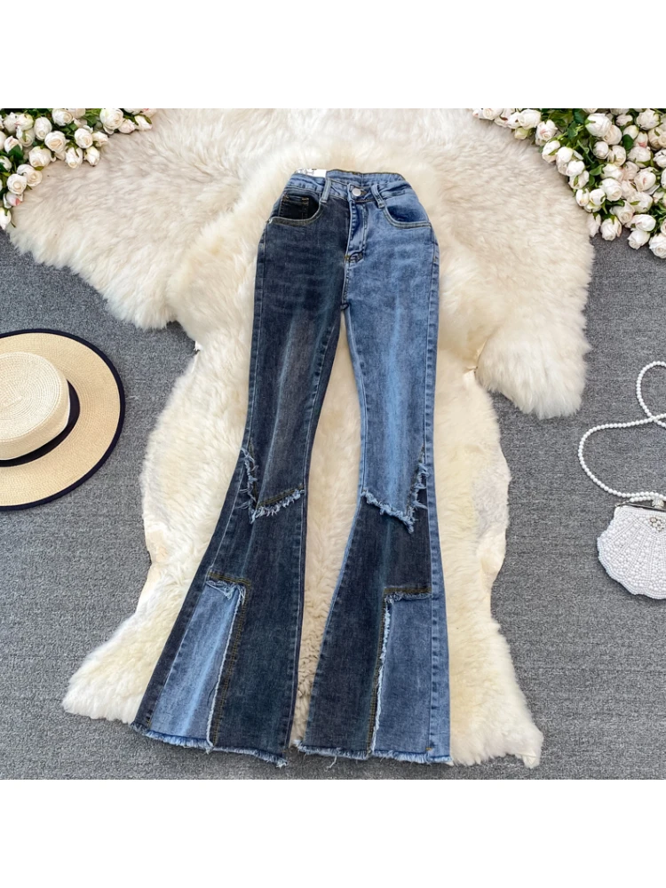 

Color-blocking Flared Jeans Women High-waisted Drape Tight-fitting Mopping Retro Raw Edge Elasticity Slim Denim Trousers Female