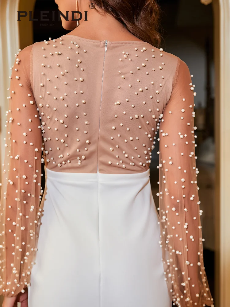 PLEINDI Elegant Evening Dresses O-Neck Long Sleeves Asymmetrical Ankle-Length Lace 2022 New of Pearls Simple Prom Dress Women