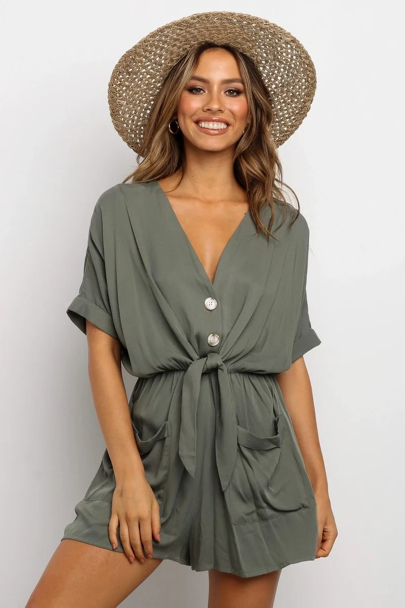 

2023 Boho Indie Summer Playsuits Short-sleeved V Neck Loose Single-breasted Women Jumpsuit Casual Pockets Solid Rompers Lace New
