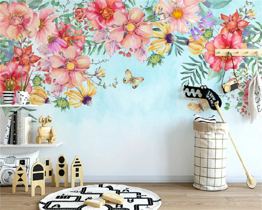 

Custom Wallpaper Nordic Hand-painted Watercolor Pastoral Flowers American Plants Bedroom Background Wall Decorative Painting
