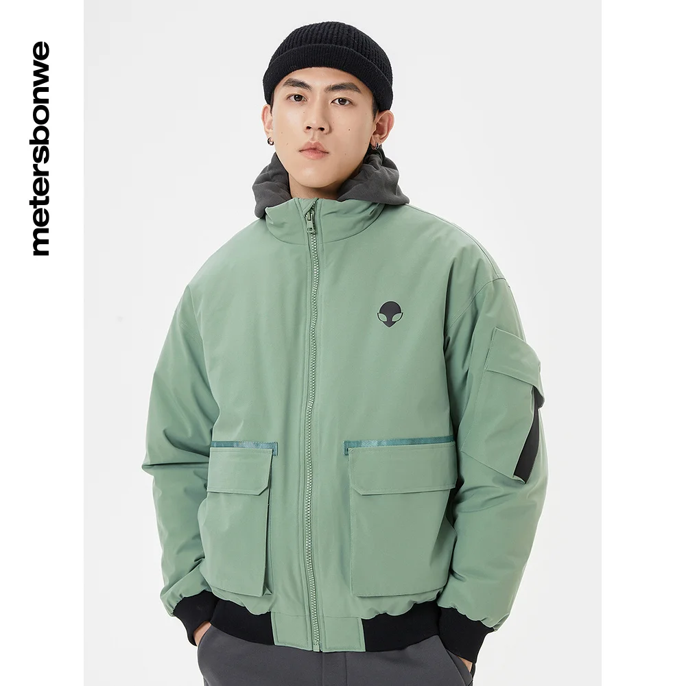 Metersbonwe Stylish Stand Collar Cropped Down Jackets Men 80%Duck Down Solid Color Loose Big Pockets Winter Cargo Warm Wear