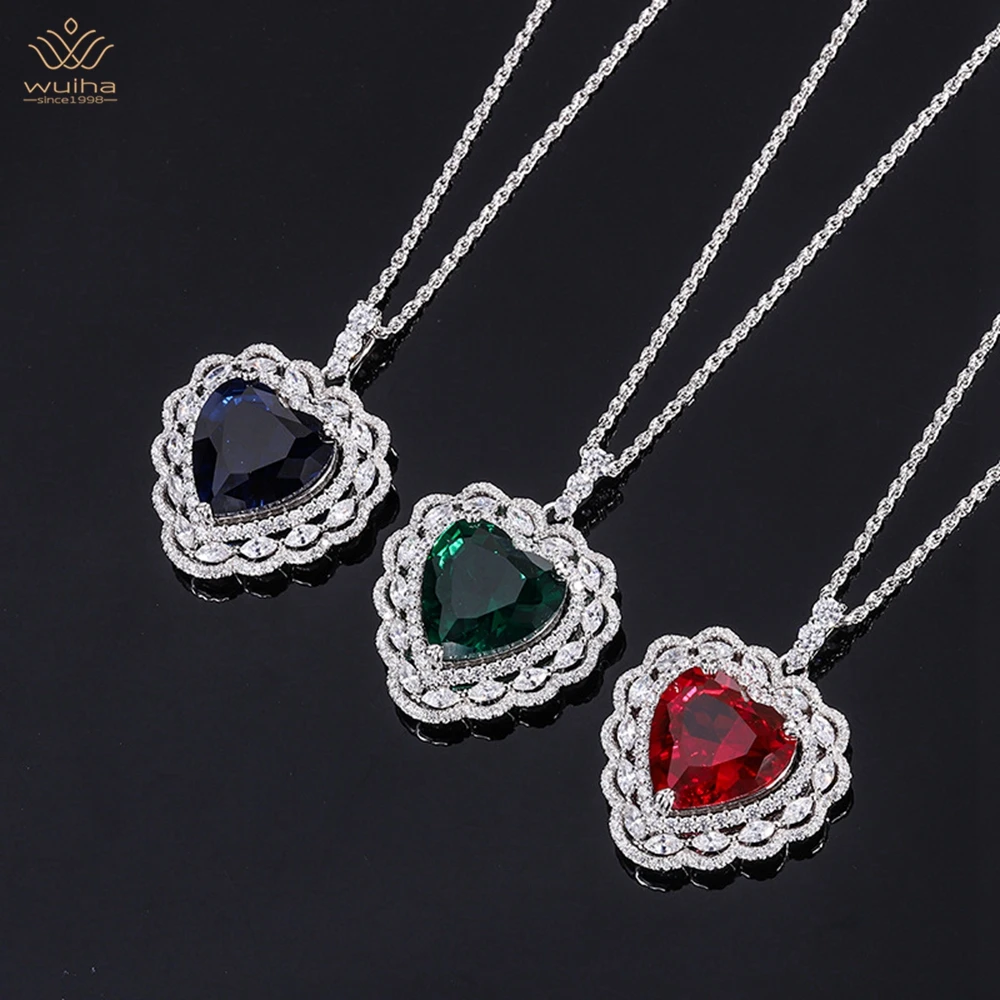 

WUIHA Luxury 925 Sterling Silver Heart Cut 15*15MM Sapphire Faceted Gemstone Pendant Necklace Anniversary Gift Jewelry Wholesale