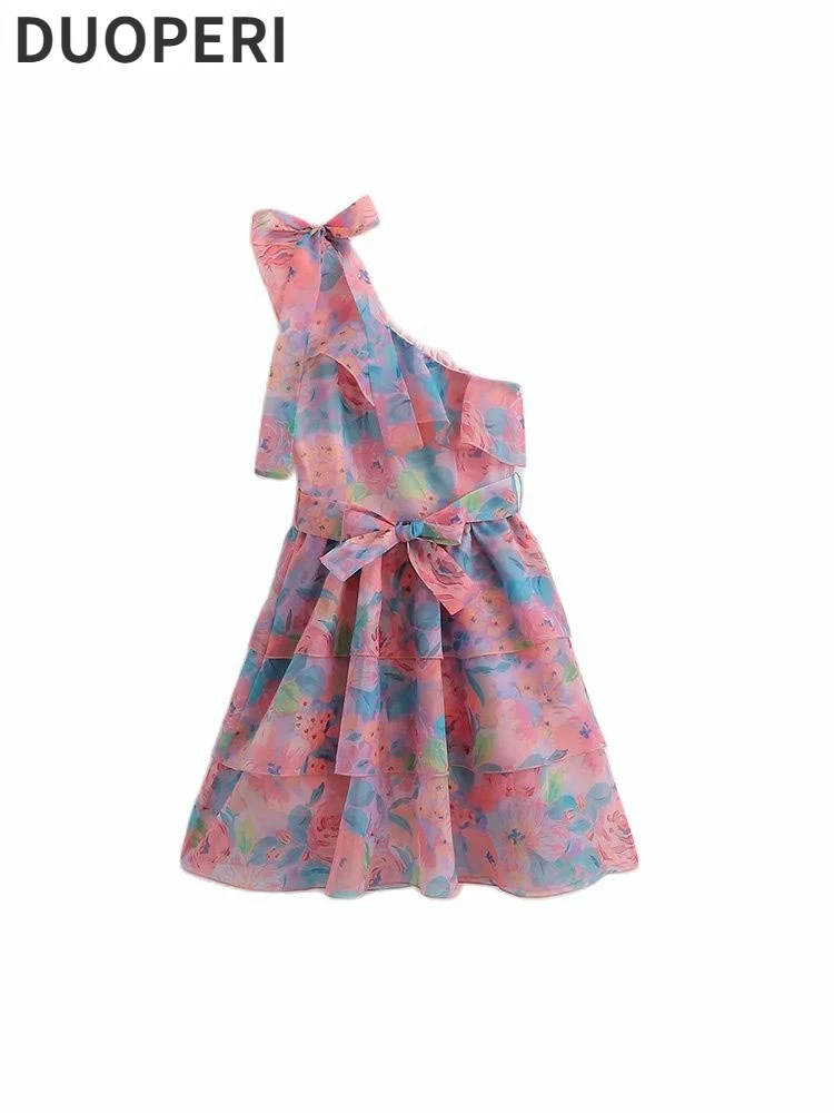 

DUOPERI Women Fashion Printed Ruffled Mini Chiffon Layered Dress With Belt One Shoulder Side Zipper Female Chic Lady Short Dress