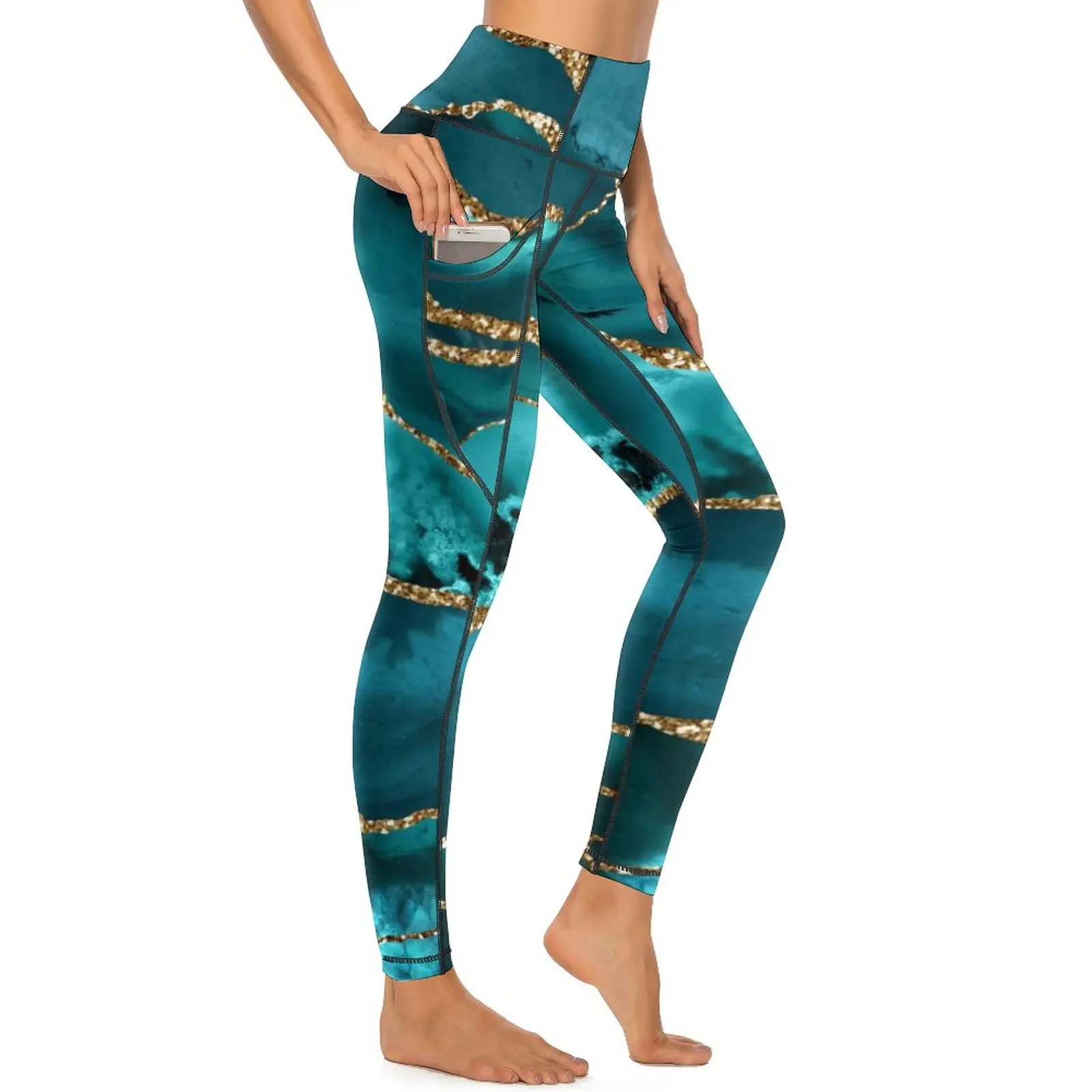 

Teal Blue Marble Leggings Sexy Gold Glitter Print High Waist Yoga Pants Elegant Stretchy Leggins Women Graphic Gym Sports Tights