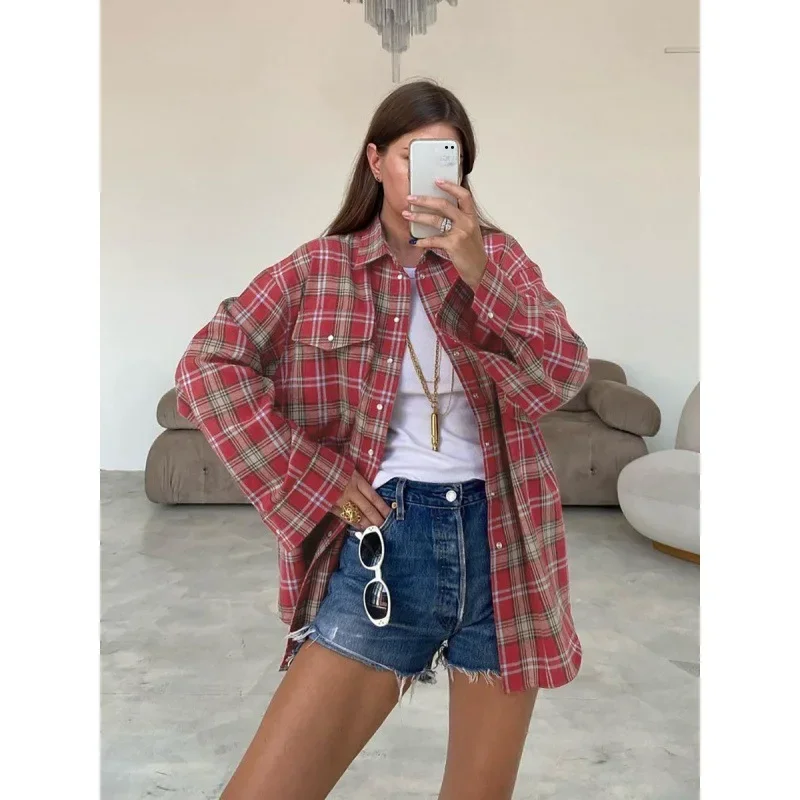 Винтажная клетчатая рубашка с длинными рукавами и лацканами женская весна 2024