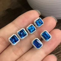 female luxury blue crystal stud earrings classic green zircon square stone earring vintage silver color small earrings for women