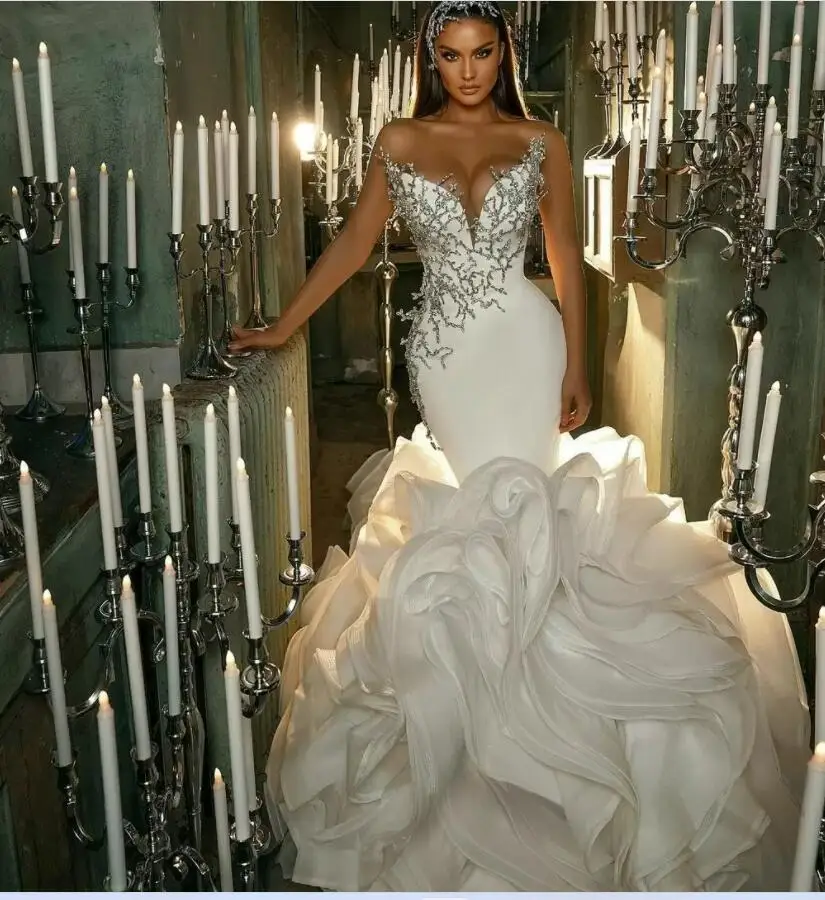 

Modern Beaded Sweetheart Mermaid Wedding Dresses vestido de novia Organza Tiered Ruffle Plus Size Bridal Gowns