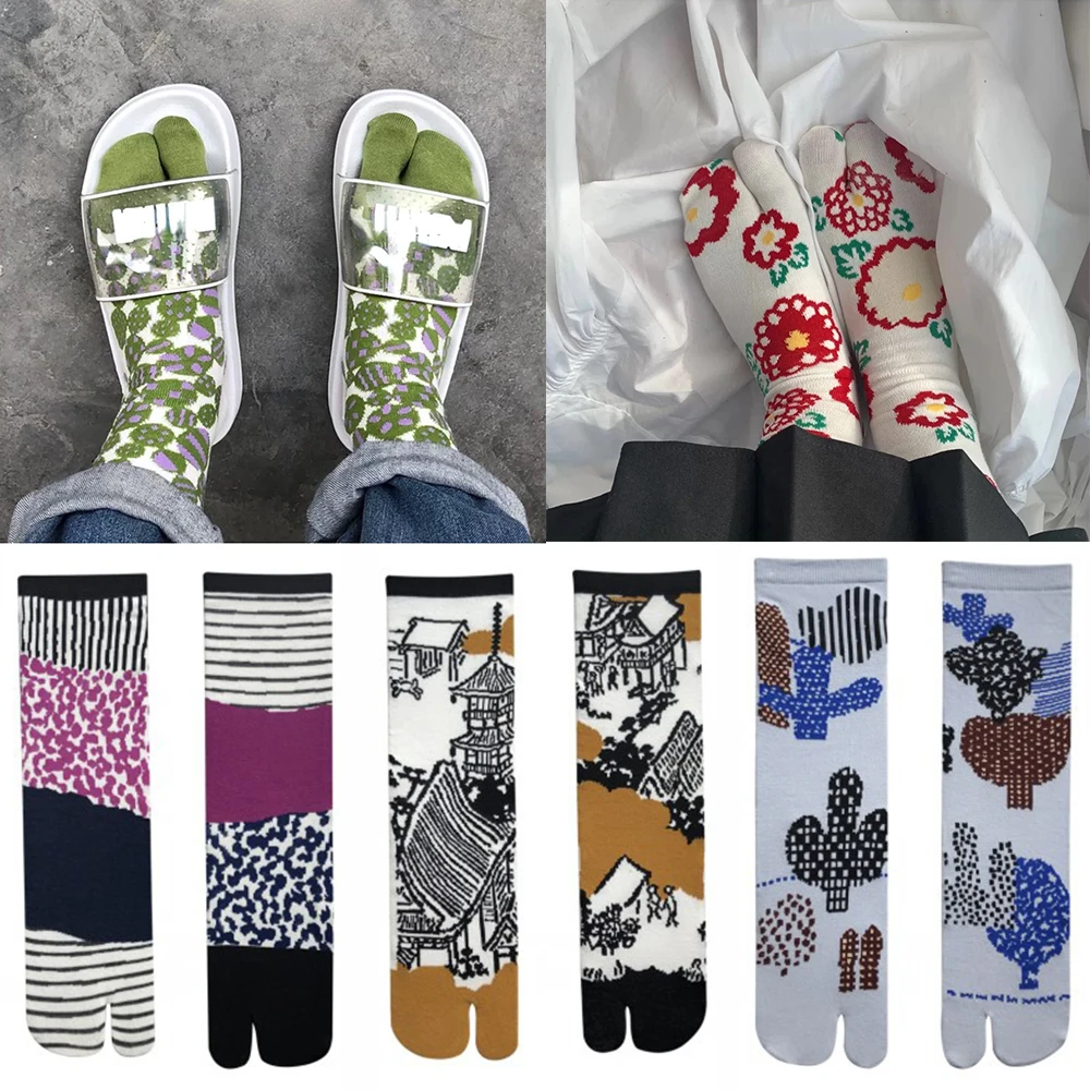 

Women Cartoon Combed Cotton Two Toe Socks Japanese Multicolor Jacquard Split Toe Socks Flowers Art Cute Middle Tube Tabi Sock
