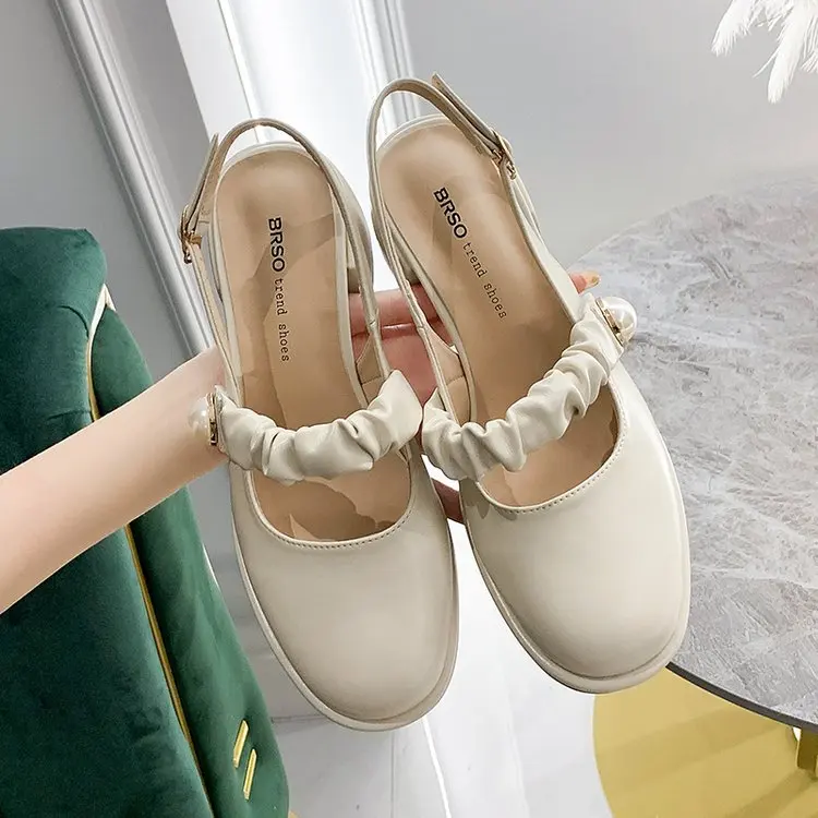 

2022 Summer Women's Round Toe Thick Heel PU Women's Shoes 34-40 Solid Color High Heel Buckle Ladies High Heel Shoes Square Heel