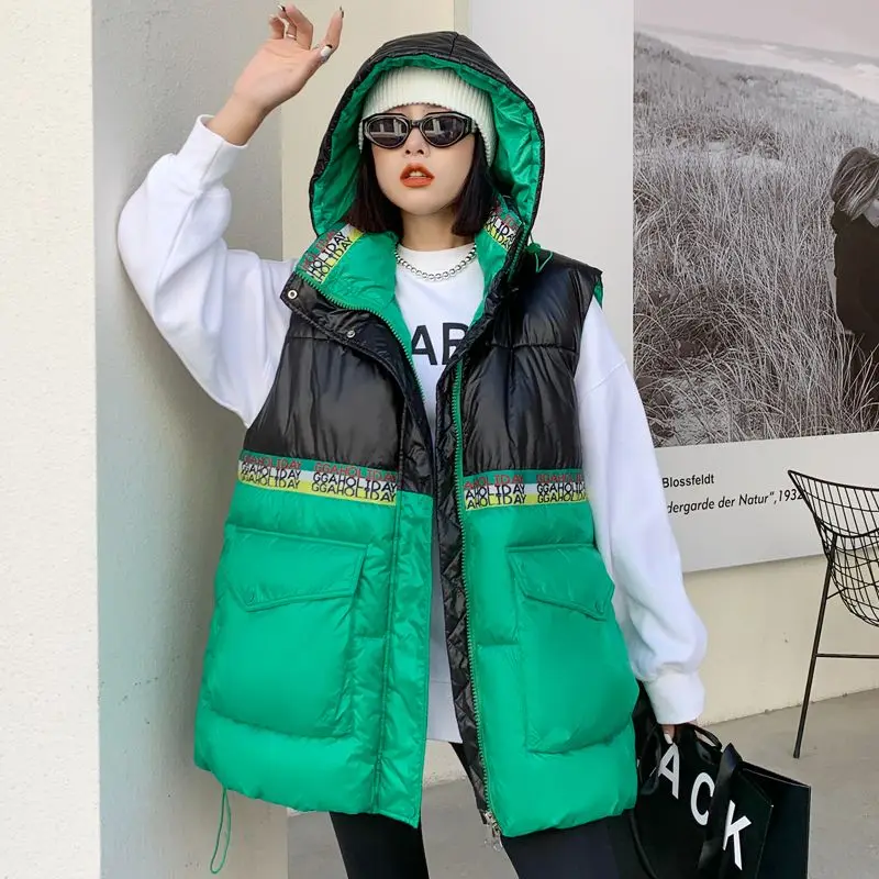 

Down Cotton Vest Women 2022 Autumn and Winter New Hooded Thickened Warm Undershirt Fashion Collision Color Large Yards Shoulders
