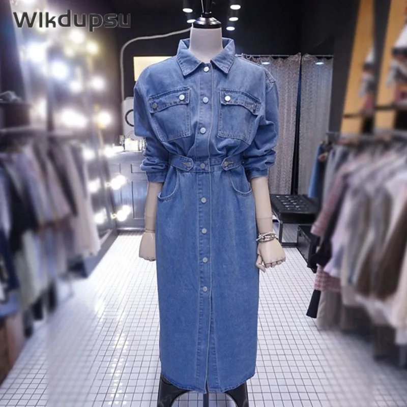 Blue Denim Jeans Dress Womens Long Sleeve Dress Fashion Design Korean Style Spring Autumn Fall Casual Ladies Dresses Female