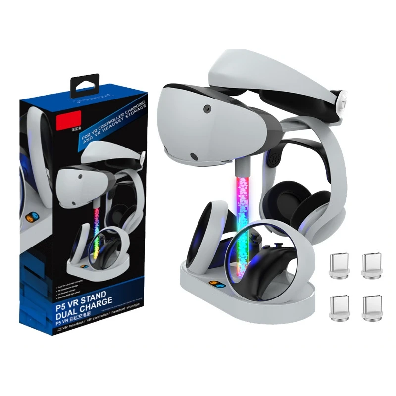 

For PS5 VR2 Storage Stand Gamepad Charger Equipped with 4 Magnetic Adapters for PSVR2 Headset Storage Rack with RGB Lighting
