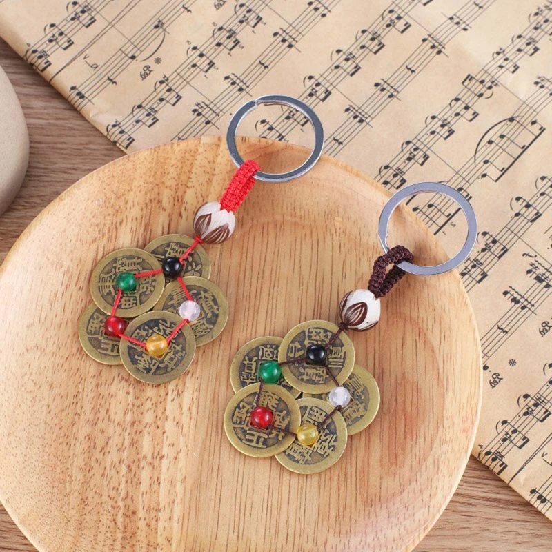 

Beautiful Lucky Keychain with Feng Shui Coins 5 Color Beads White Lotus Pendant Key Rings for Good Luck Prosperity N0HE